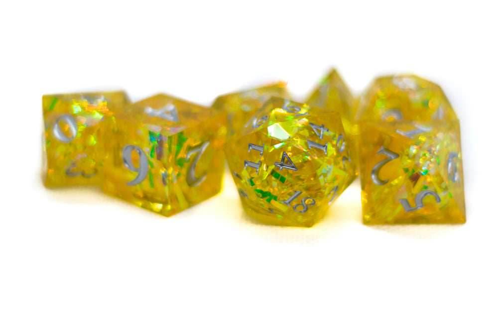 Yellow Shimmer w/silver 7-Dice Set Resin Sharp Edge RPG DND - 
