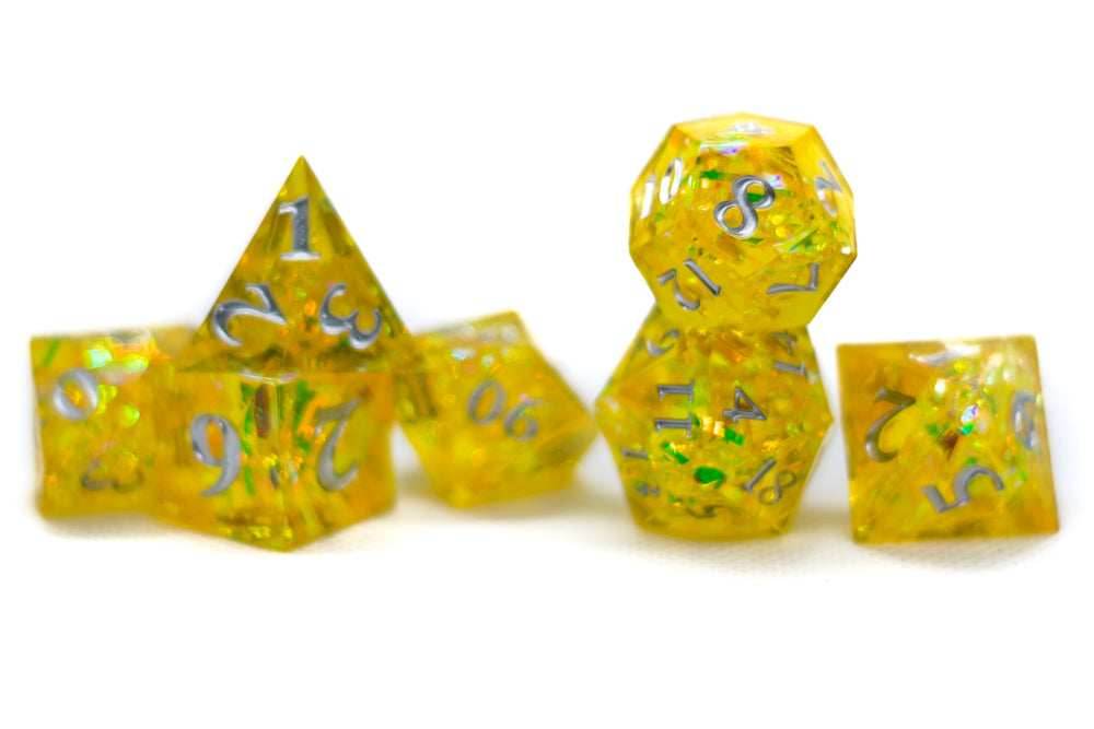 Yellow Shimmer w/silver 7-Dice Set Resin Sharp Edge RPG DND - 