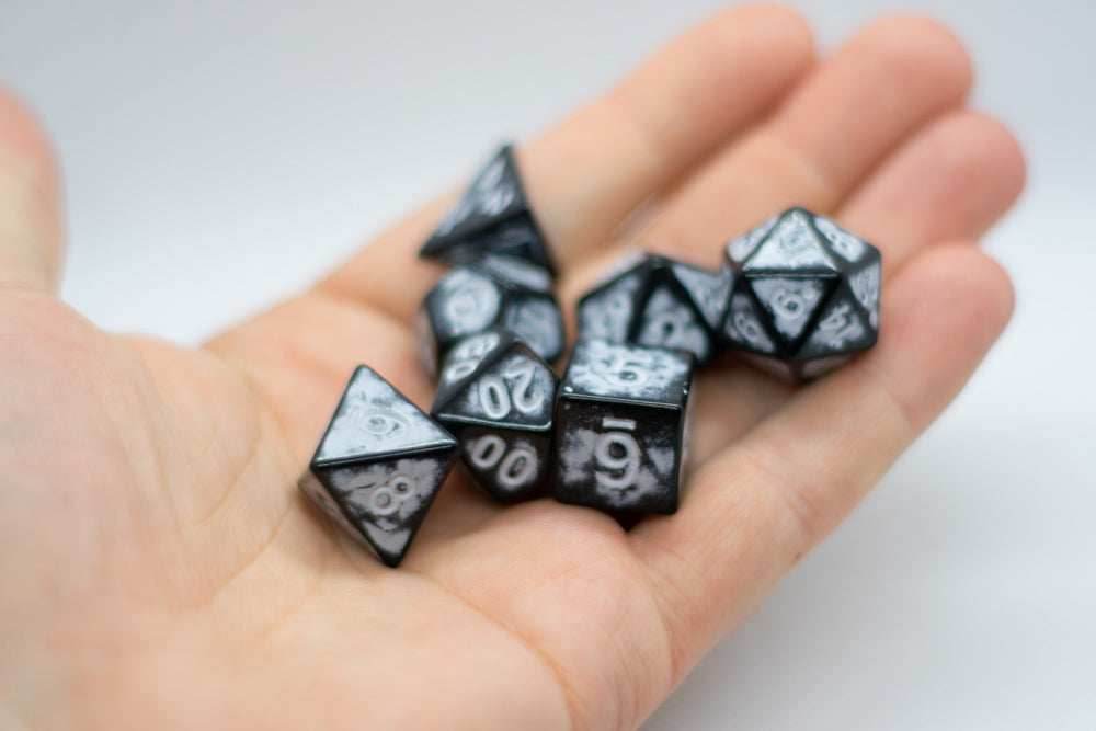White Distressed Ancient 7-Dice Set Black w/White Dnd Dice - 