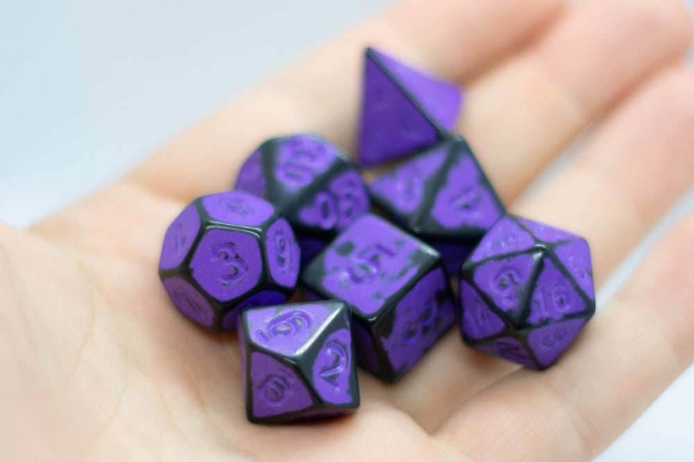 Grape Purple Distressed Ancient 7-Dice Set Black w/Purple Dnd Dice - 