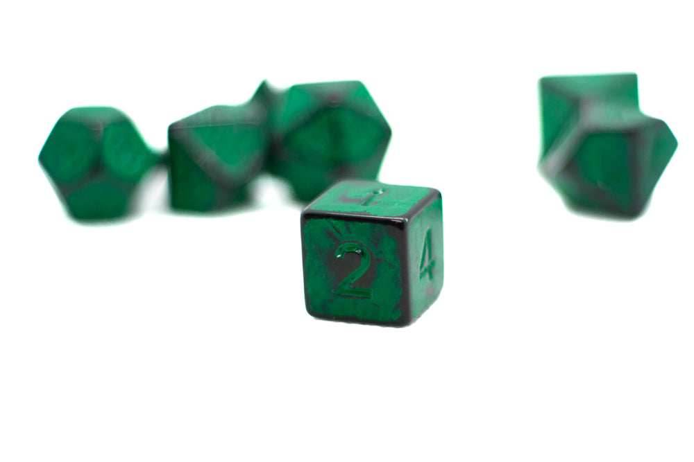Grass Green Distressed Ancient 7-Dice Set Black w/Green Dnd Dice - 