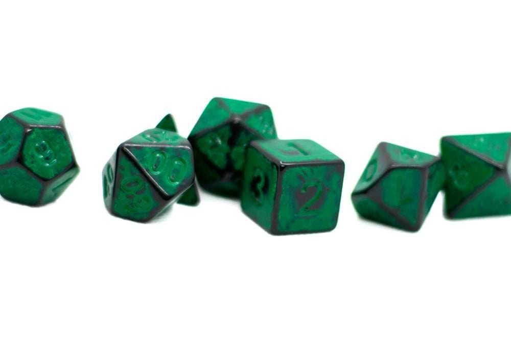 Grass Green Distressed Ancient 7-Dice Set Black w/Green Dnd Dice - 
