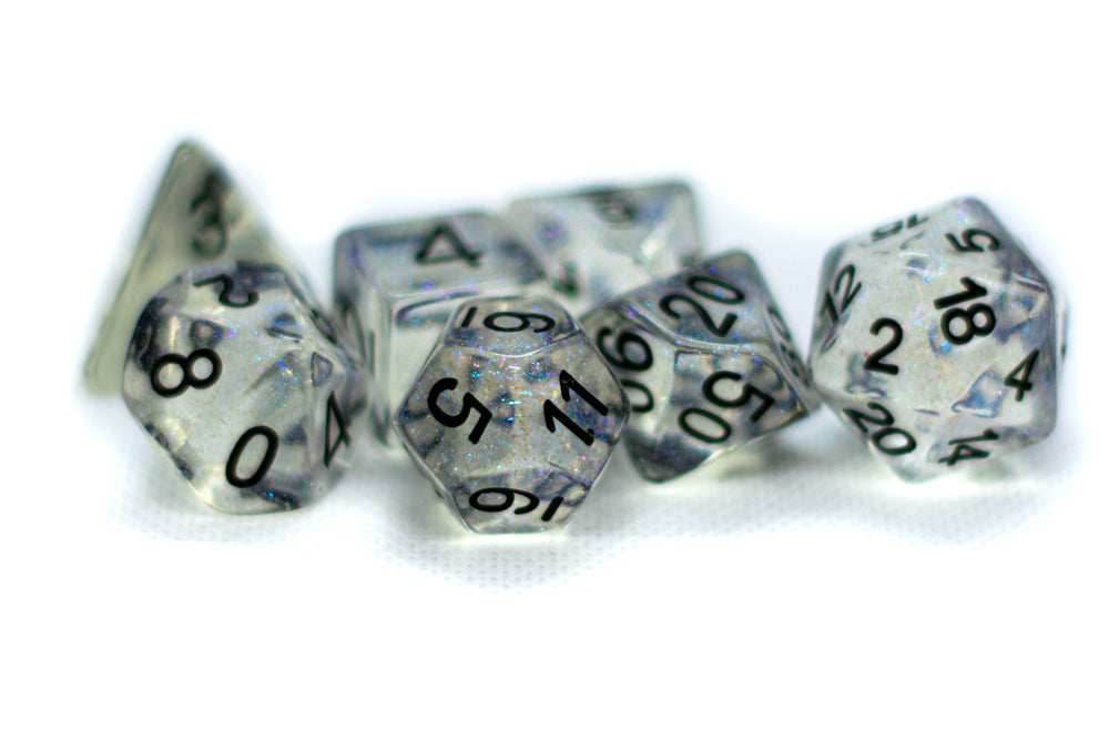 The Time Walker | Clear Glitter 7-Dice Set RPG Dice Set w/Black - 