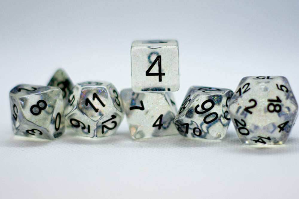 The Time Walker | Clear Glitter 7-Dice Set RPG Dice Set w/Black - 
