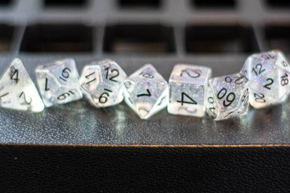 The Time Walker | Clear Glitter 7-Dice Set RPG Dice Set w/Black - 