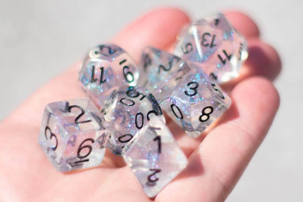 The Time Walker | Clear Glitter 7-Dice Set RPG Dice Set w/Black - 