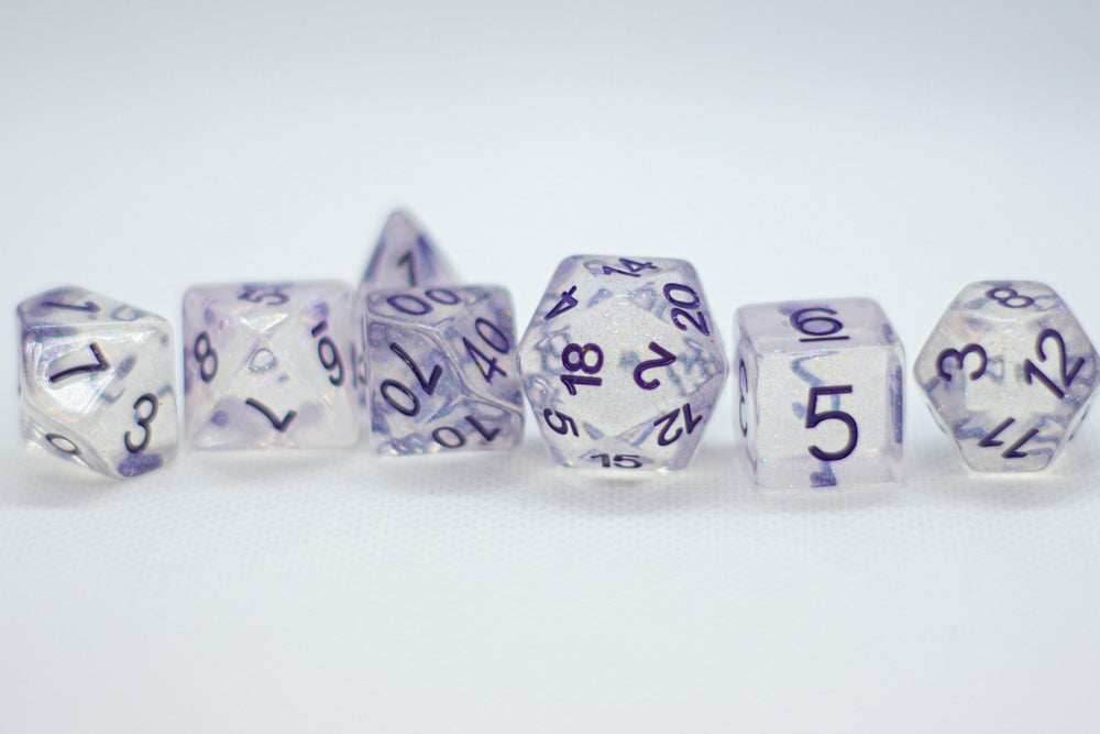 The Time Walker | Clear/purple Glitter 7-Dice Set RPG Dice Set w/Purple - 