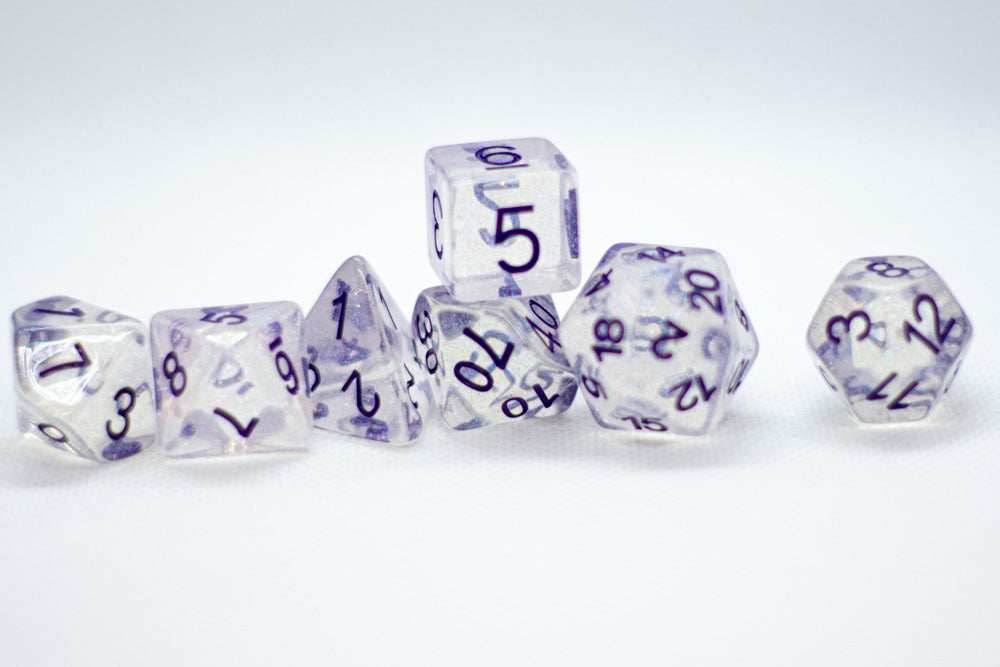 The Time Walker | Clear/purple Glitter 7-Dice Set RPG Dice Set w/Purple - 