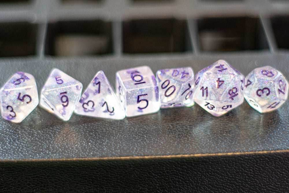 The Time Walker | Clear/purple Glitter 7-Dice Set RPG Dice Set w/Purple - 