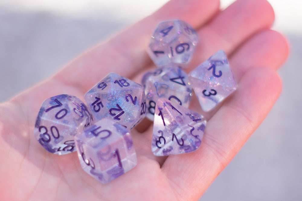 The Time Walker | Clear/purple Glitter 7-Dice Set RPG Dice Set w/Purple - 