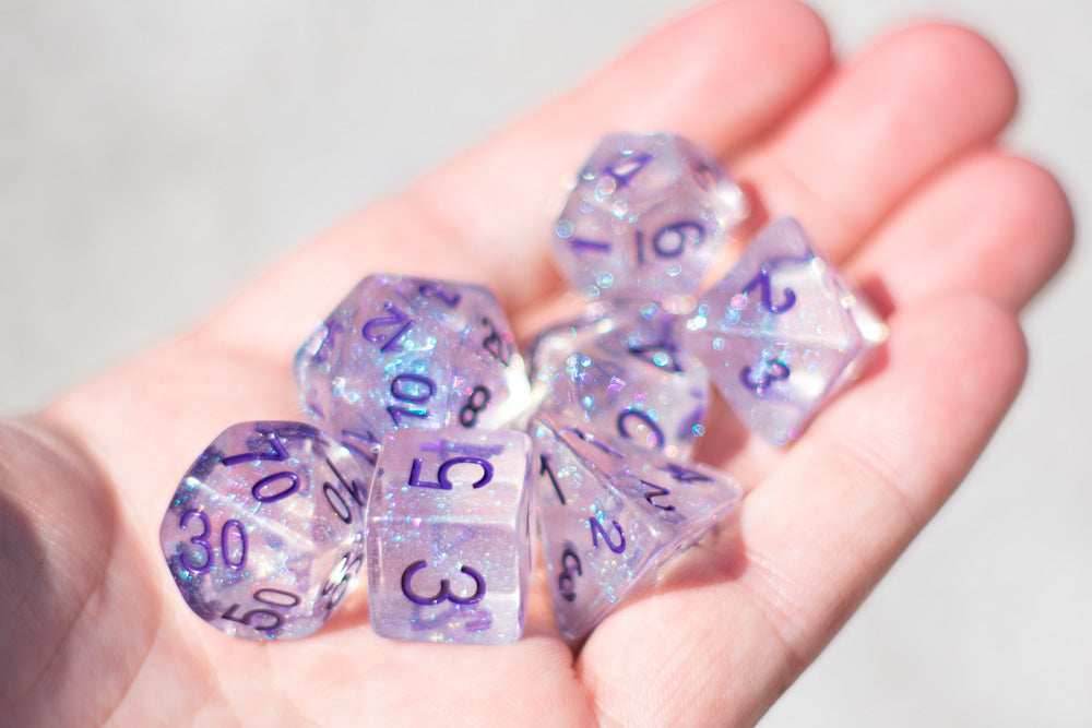 The Time Walker | Clear/purple Glitter 7-Dice Set RPG Dice Set w/Purple - 