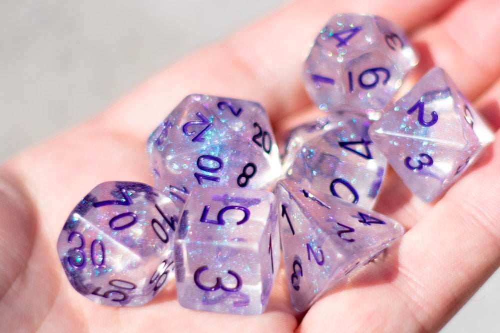 The Time Walker | Clear/purple Glitter 7-Dice Set RPG Dice Set w/Purple - 