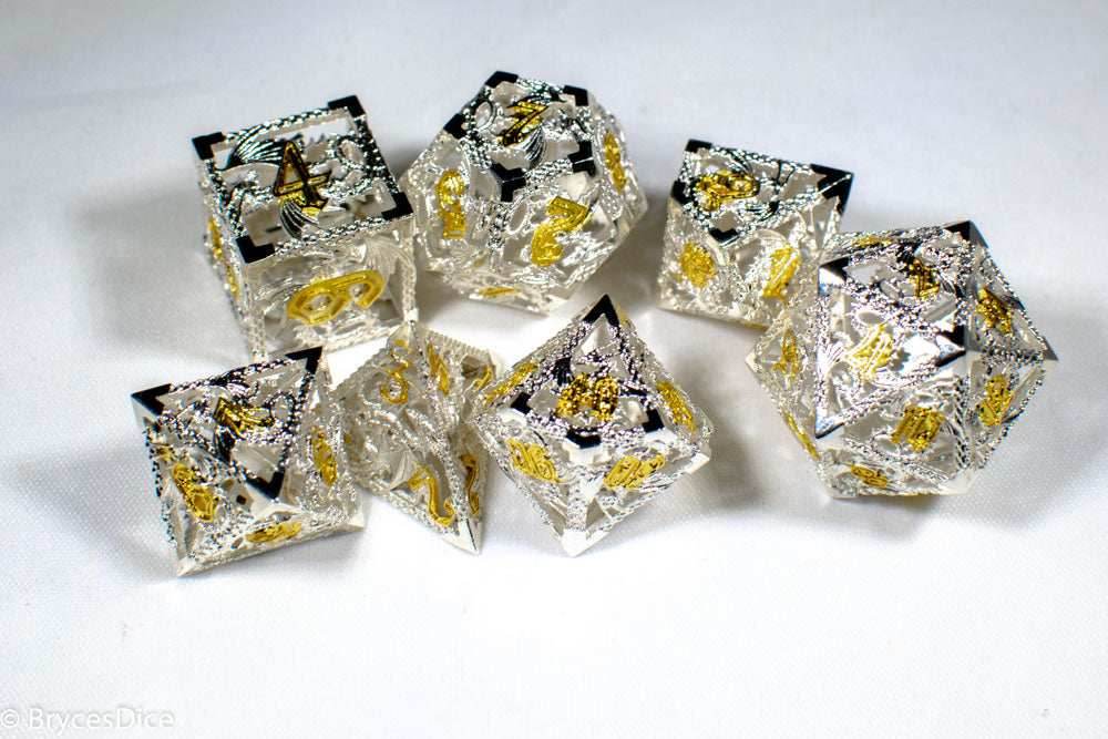 (Elvish White w/gold) Deadly Dragon Dice: Shards of Oblivion Hollow Metal - 7-Dice Set
