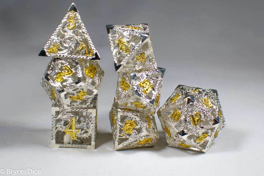 (Elvish White w/gold) Deadly Dragon Dice: Shards of Oblivion Hollow Metal - 7-Dice Set