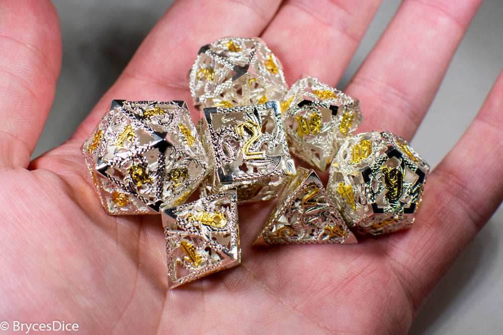 (Elvish White w/gold) Deadly Dragon Dice: Shards of Oblivion Hollow Metal - 7-Dice Set
