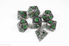 Gun Metal Hollow Gear Dice with Green Numbers 7-Dice Set - 