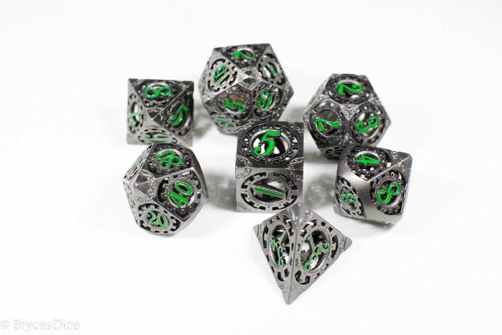 Gun Metal Hollow Gear Dice with Green Numbers 7-Dice Set - 