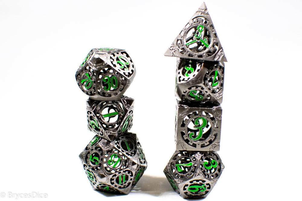 Gun Metal Hollow Gear Dice with Green Numbers 7-Dice Set - 