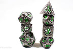 Gun Metal Hollow Gear Dice with Green Numbers 7-Dice Set - 