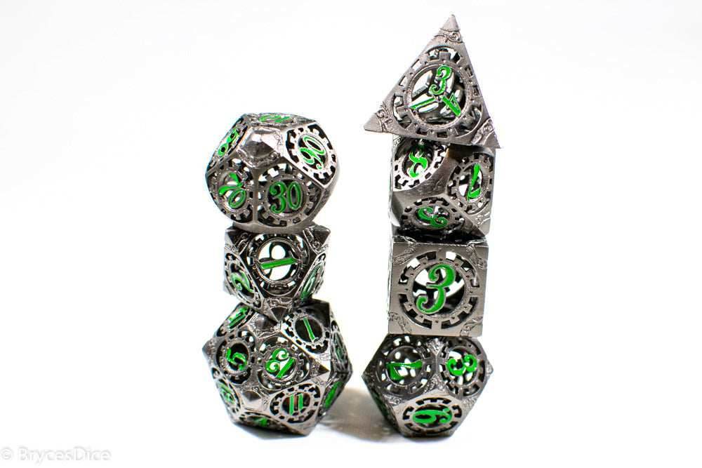 Gun Metal Hollow Gear Dice with Green Numbers 7-Dice Set - 