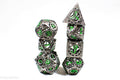 Gun Metal Hollow Gear Dice with Green Numbers 7-Dice Set - 