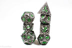 Gun Metal Hollow Gear Dice with Green Numbers 7-Dice Set - 
