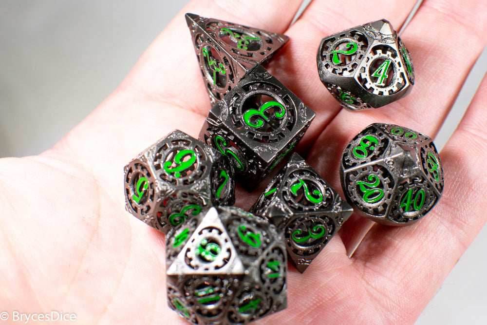 Gun Metal Hollow Gear Dice with Green Numbers 7-Dice Set - 