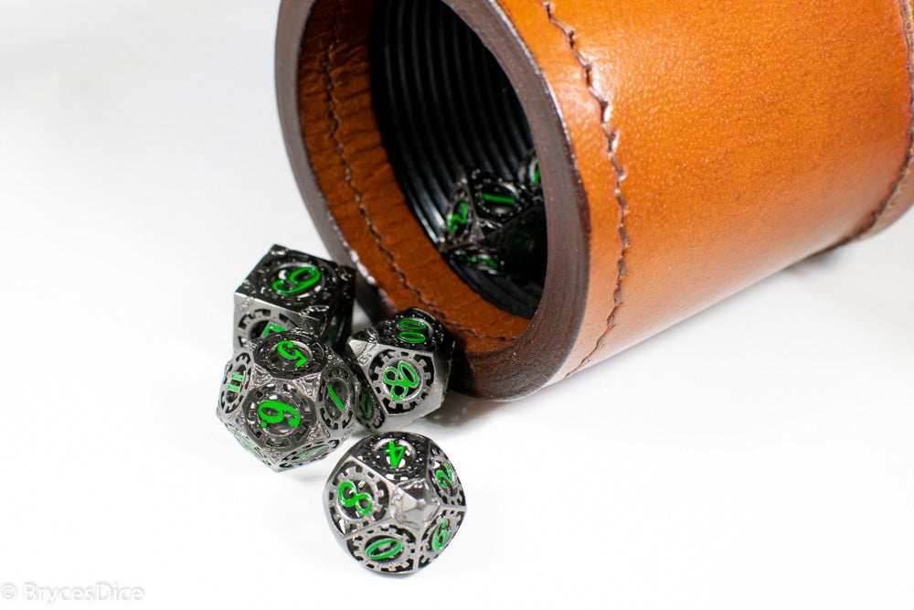 Gun Metal Hollow Gear Dice with Green Numbers 7-Dice Set - 