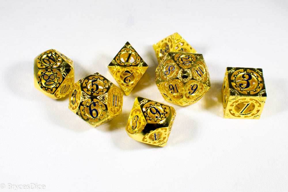 Gold Metal Hollow Gear Dice with Blue Numbers 7-Dice Set - 