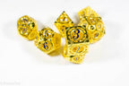 Gold Metal Hollow Gear Dice with Blue Numbers 7-Dice Set - 