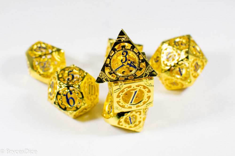 Gold Metal Hollow Gear Dice with Blue Numbers 7-Dice Set - 
