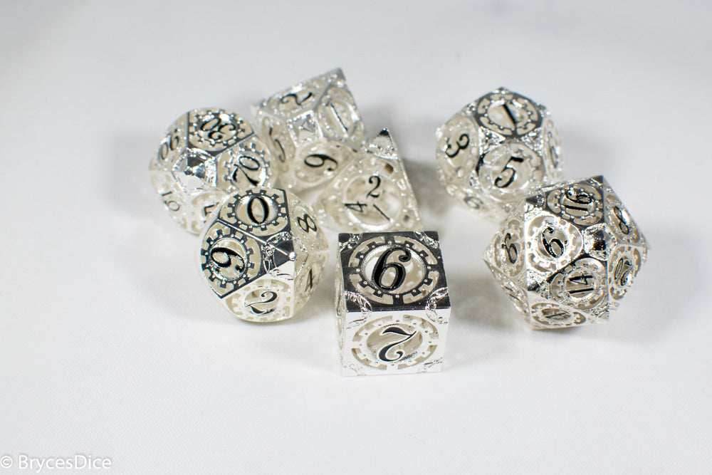 Silver Metal Hollow Gear Dice with Black Numbers 7-Dice Set - 