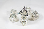 Silver Metal Hollow Gear Dice with Black Numbers 7-Dice Set - 