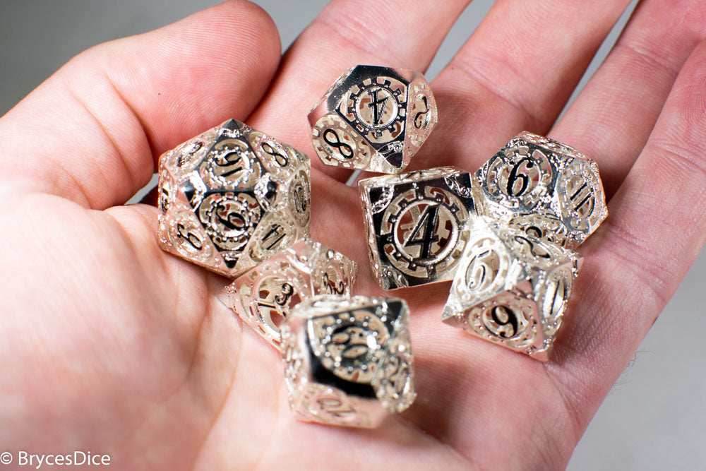 Silver Metal Hollow Gear Dice with Black Numbers 7-Dice Set - 
