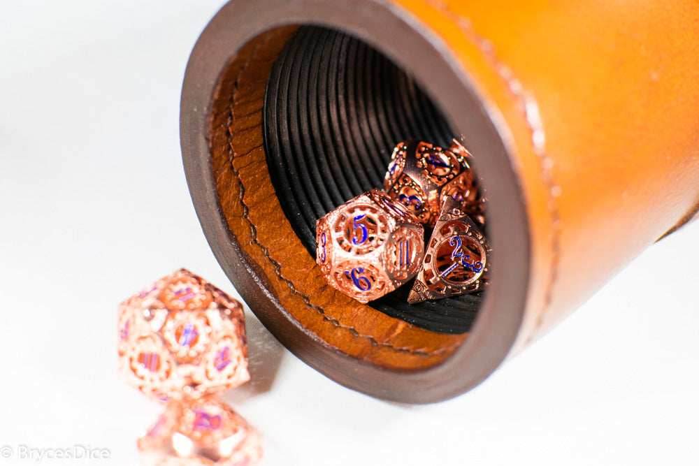 Rose Gold Metal Hollow Gear Dice with Blue Numbers 7-Dice Set - 