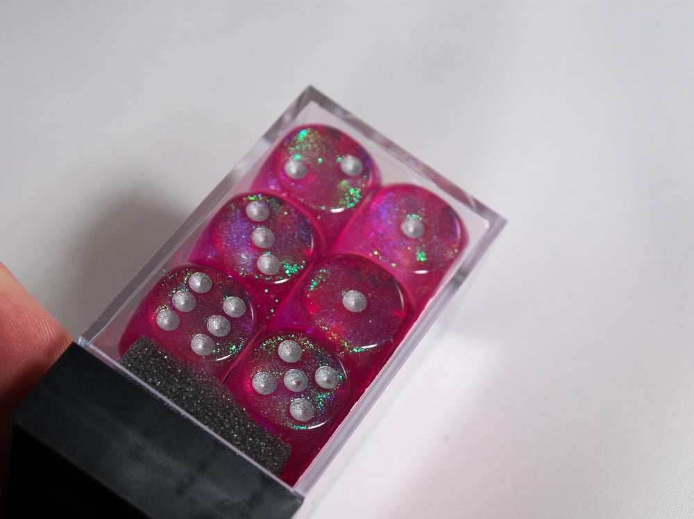 Old Glitter Borealis Pink/Silver d6 Block Dice RARE OOP Chessex 27604 16mm - 