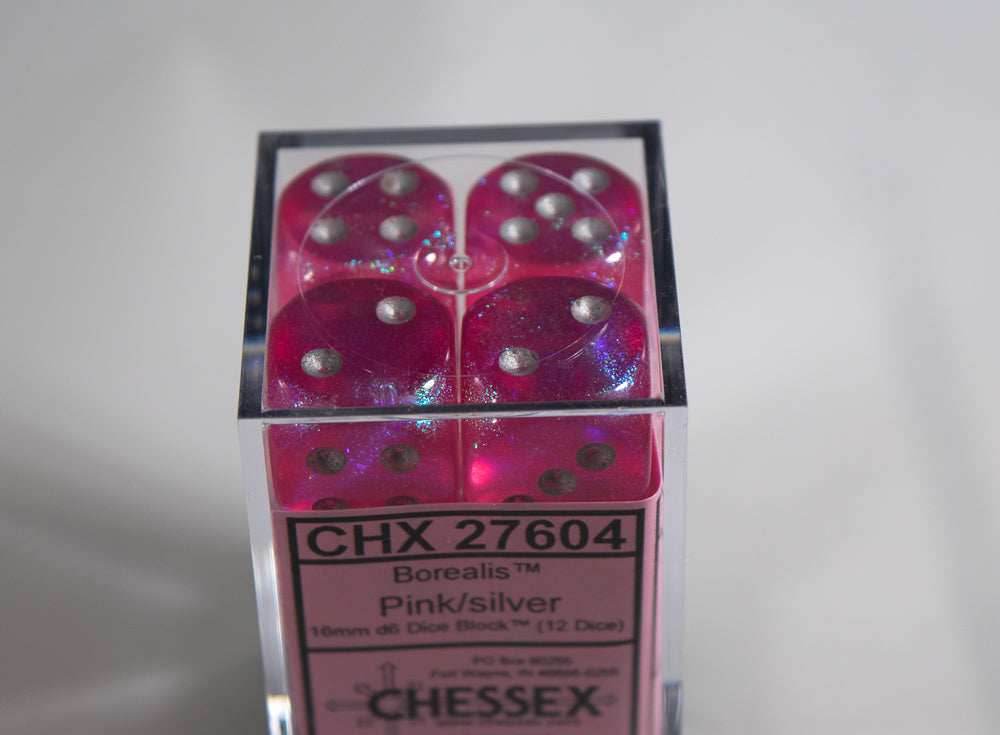 Old Glitter Borealis Pink/Silver d6 Block Dice RARE OOP Chessex 27604 16mm - 