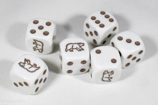 White Dice with Brown Bear; 6 Sided Bunco RPG Game D6 16mm Roll Rounded Corner - 