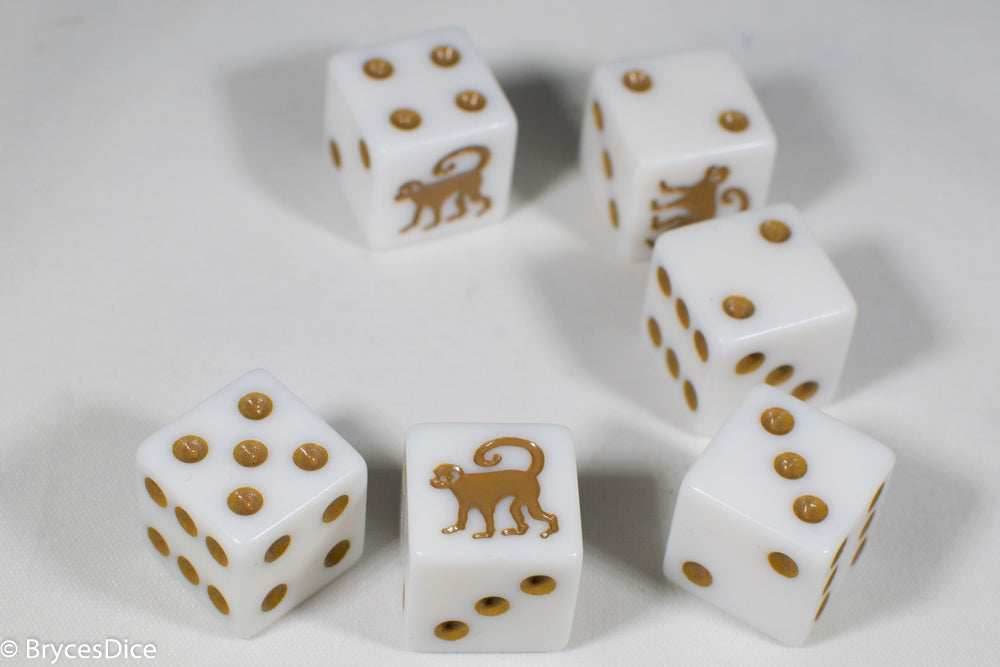 White Dice with Monkey; 6 Sided Bunco RPG Game D6 16mm Roll Square Corner - 
