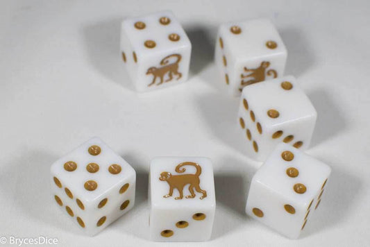 White Dice with Monkey; 6 Sided Bunco RPG Game D6 16mm Roll Square Corner - 