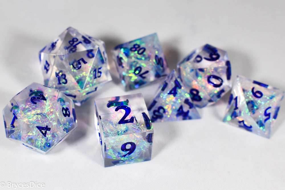 Ice Cubes Sharp Edge Resin 7-Dice Dice (Clear Shimmer w/ Blue Numbers) - 