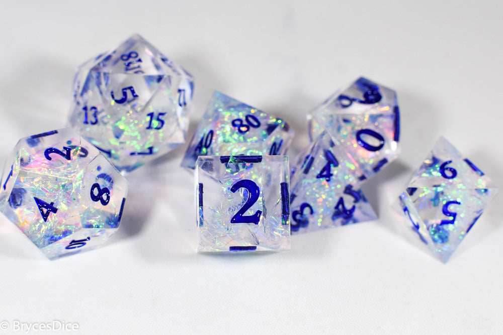 Ice Cubes Sharp Edge Resin 7-Dice Dice (Clear Shimmer w/ Blue Numbers) - 