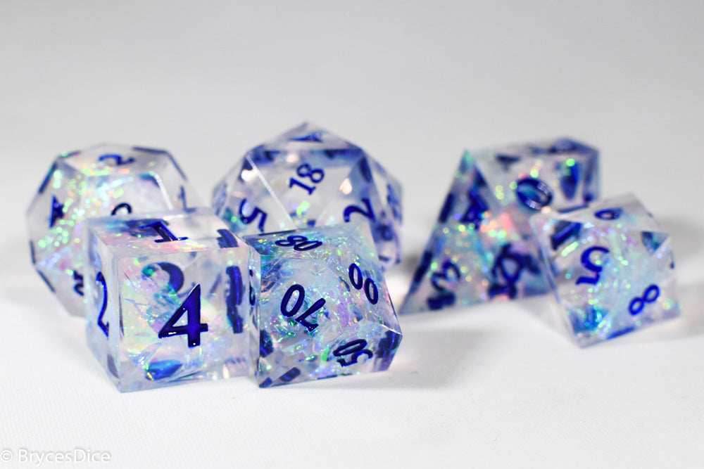 Ice Cubes Sharp Edge Resin 7-Dice Dice (Clear Shimmer w/ Blue Numbers) - 