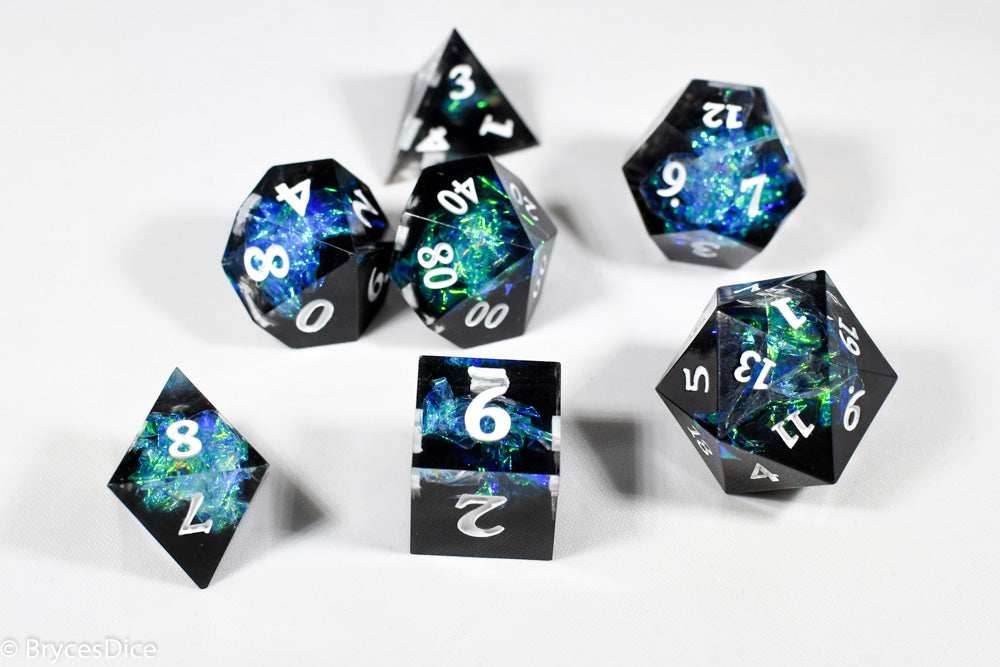 Deep Nether Sharp Edge Resin 7-Dice Dice (Blue-Green and Black w/ White Numbers) - 