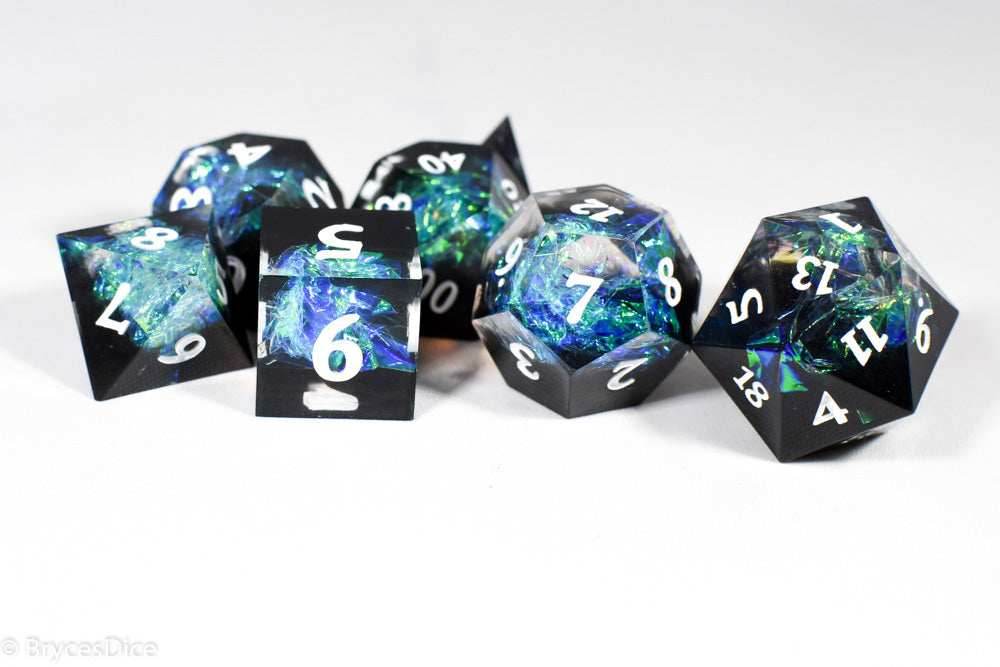Deep Nether Sharp Edge Resin 7-Dice Dice (Blue-Green and Black w/ White Numbers) - 