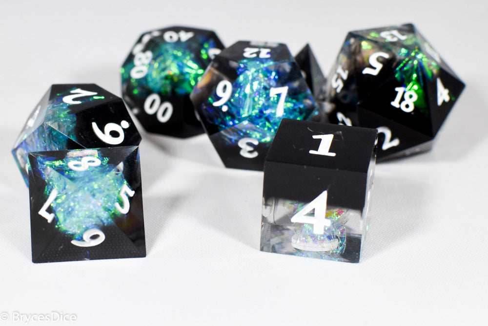 Deep Nether Sharp Edge Resin 7-Dice Dice (Blue-Green and Black w/ White Numbers) - 