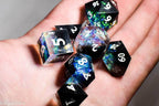 Deep Nether Sharp Edge Resin 7-Dice Dice (Blue-Green and Black w/ White Numbers) - 