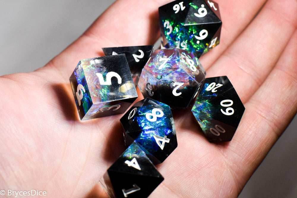 Deep Nether Sharp Edge Resin 7-Dice Dice (Blue-Green and Black w/ White Numbers) - 