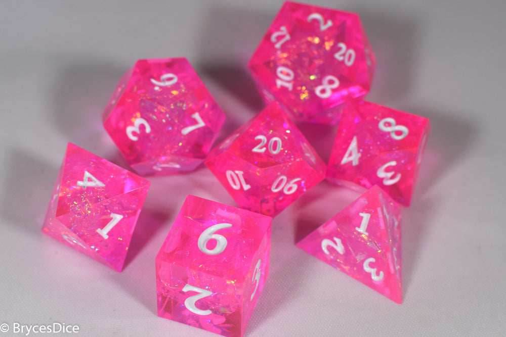 Fairy Flare Sharp Edge Resin 7-Dice Dice (Pink w/ White Numbers) - 