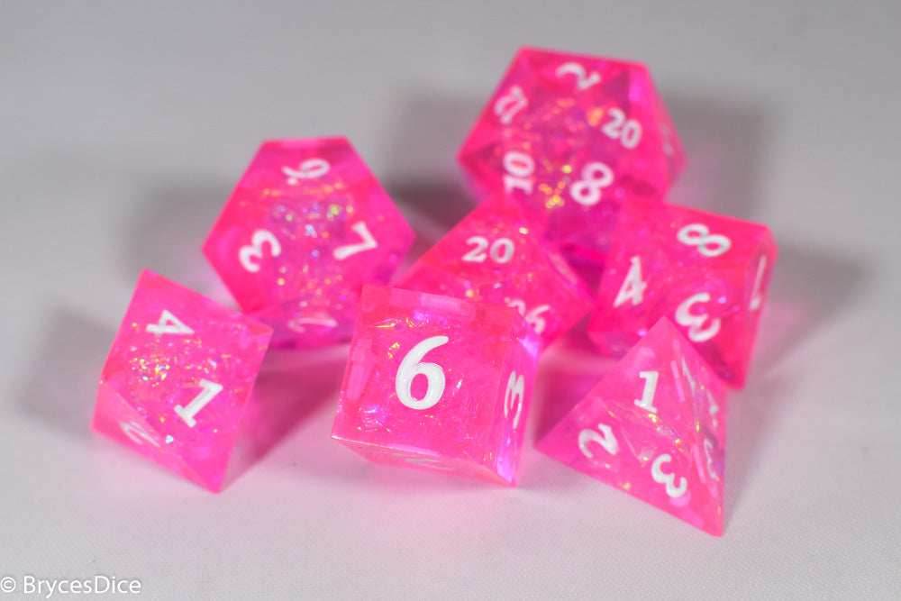 Fairy Flare Sharp Edge Resin 7-Dice Dice (Pink w/ White Numbers) - 